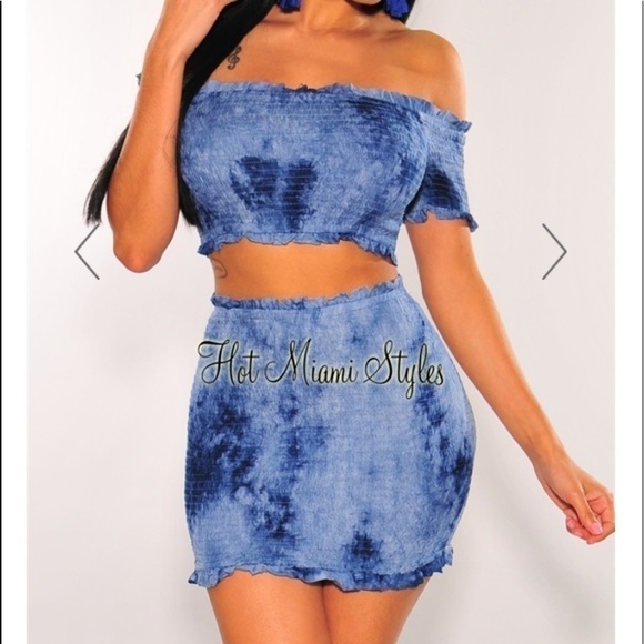 2/$30 Hot Miami Styles Blue Smocked Crop Top Skirt Tie Dye Two Piece Set Large - Picture 3 of 16